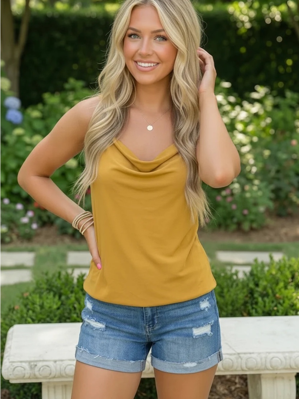 Cowl Neck Mustard Sleeveless Tank Top - Women